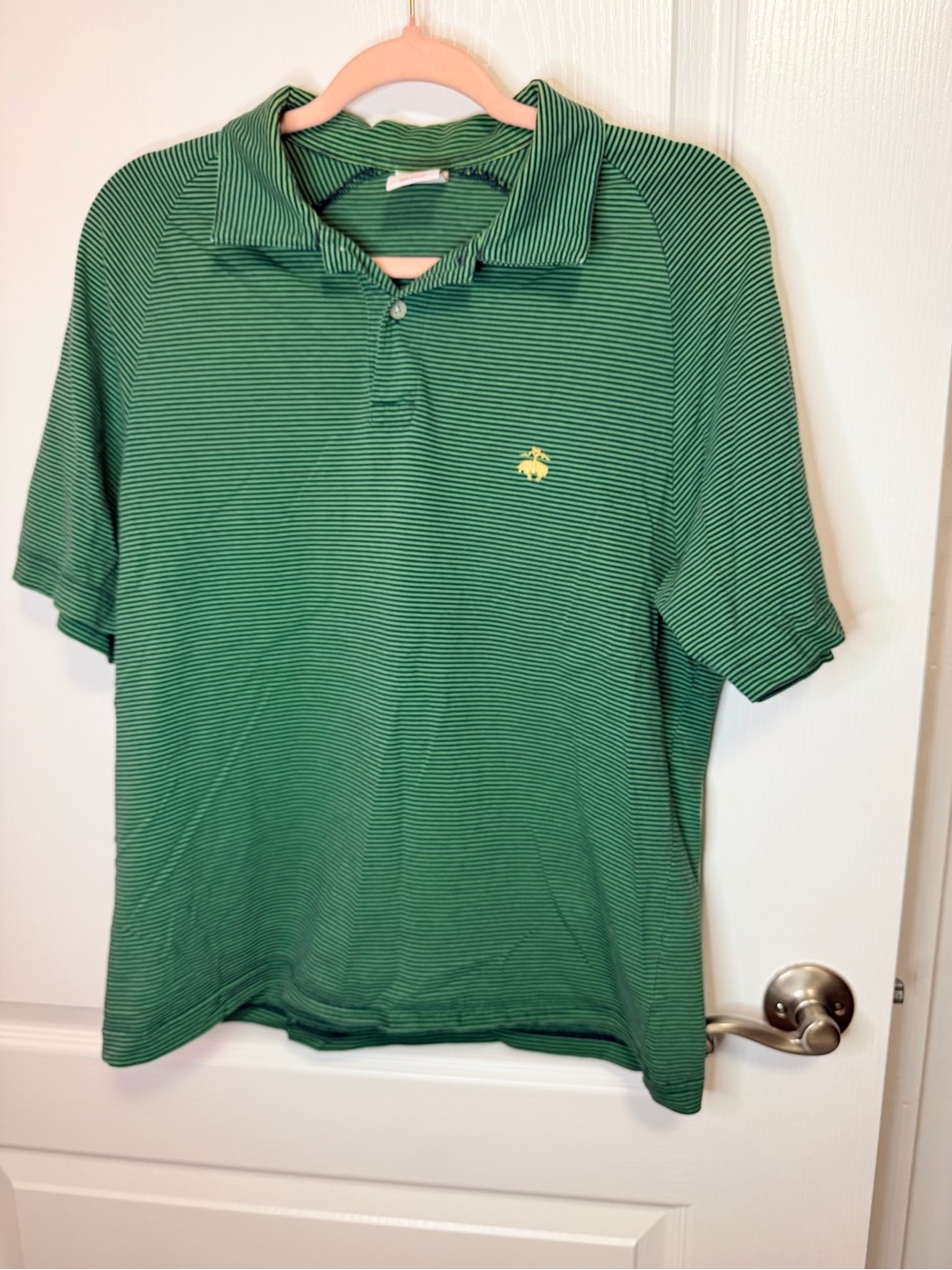 Brooks Brothers Green Striped Polo with Yellow Logo